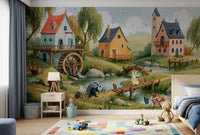 Enchanted Riverbank Woodland Animal Village Wall Mural