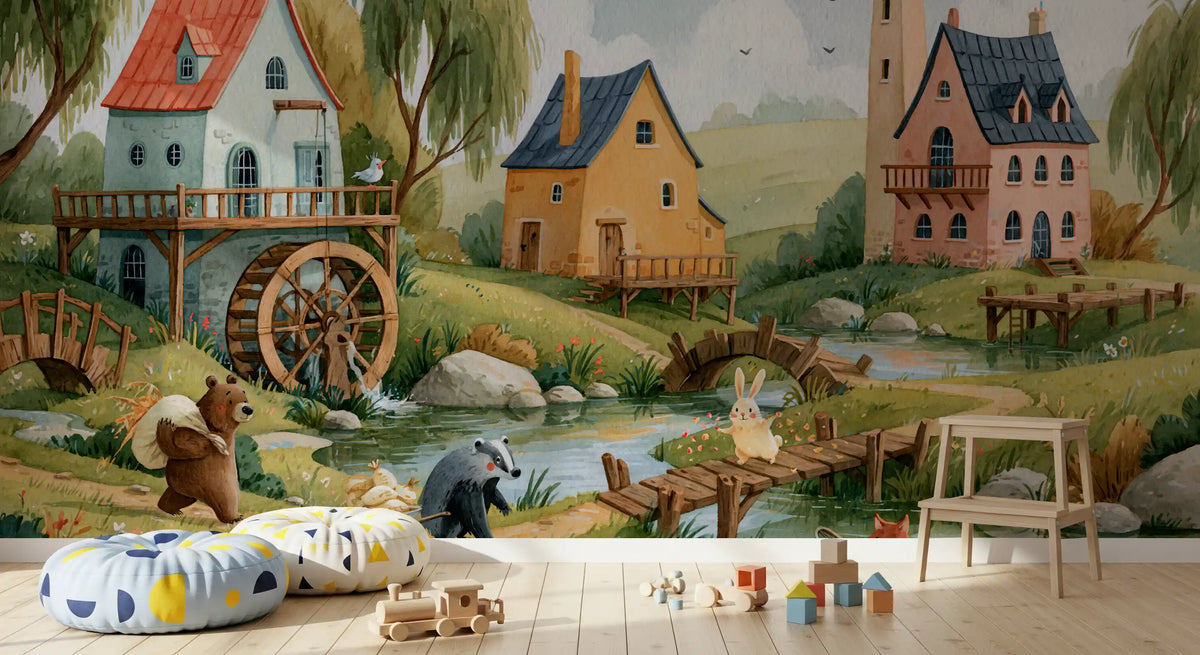 Enchanted Riverbank Woodland Animal Village Wall Mural