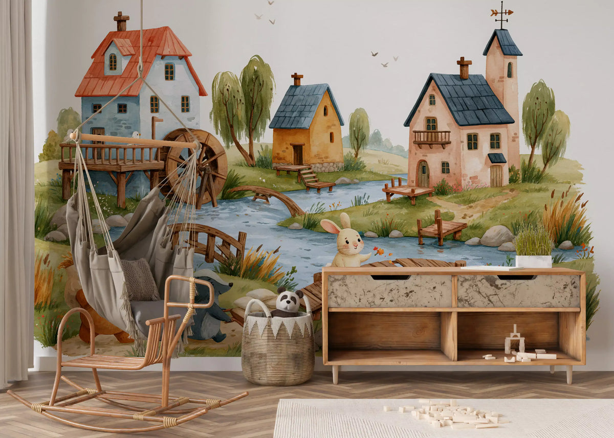 Rustic Woodland Village Friends Wall Mural