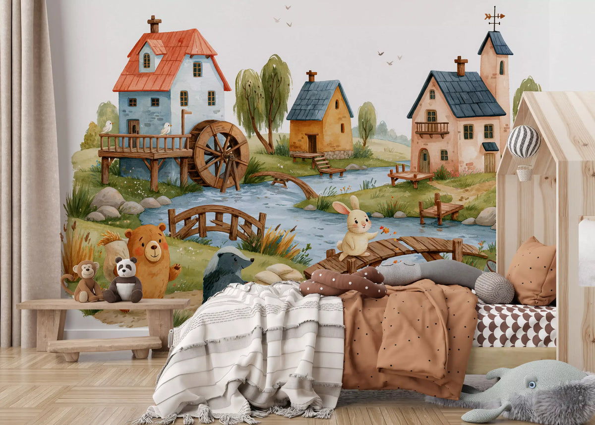 Rustic Woodland Village Friends Wall Mural