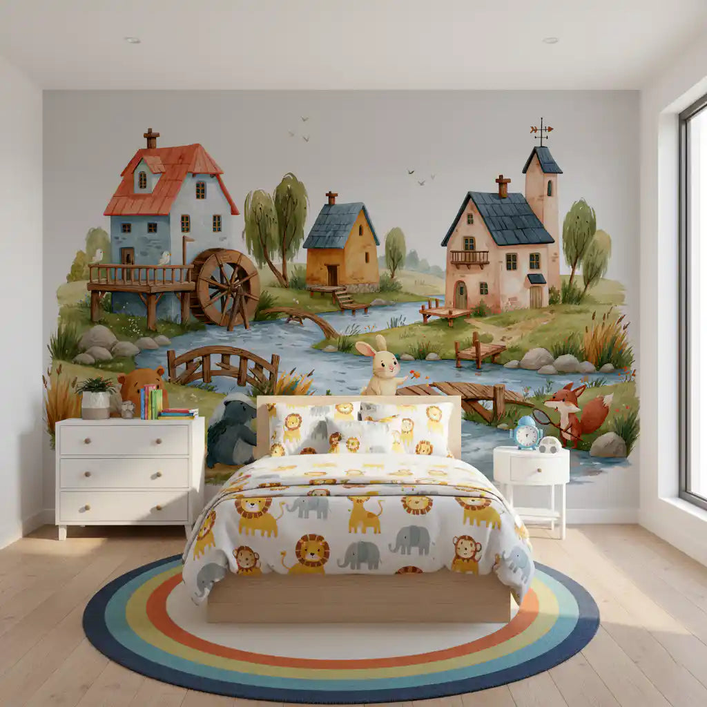 Rustic Woodland Village Friends Wall Mural