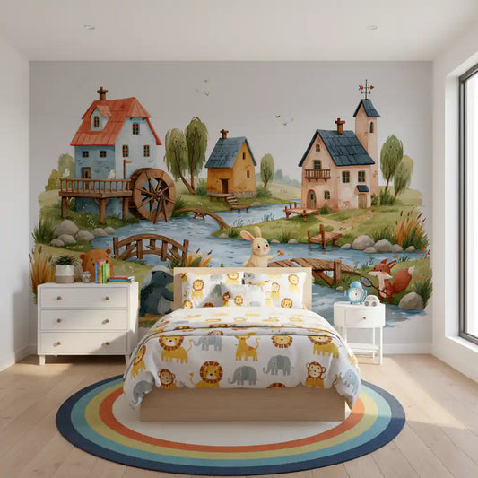 Rustic Woodland Village Friends Wall Mural