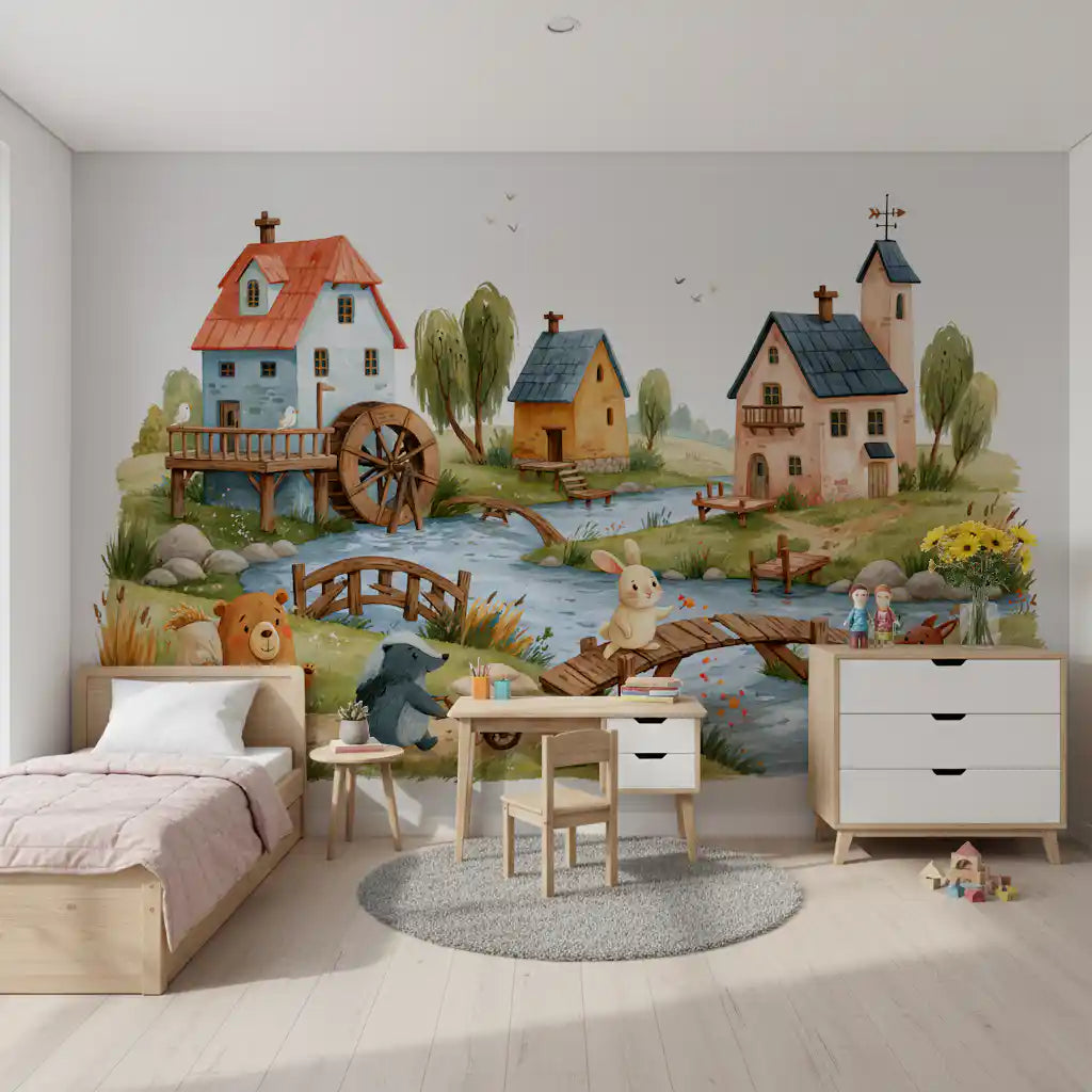 Rustic Woodland Village Friends Wall Mural