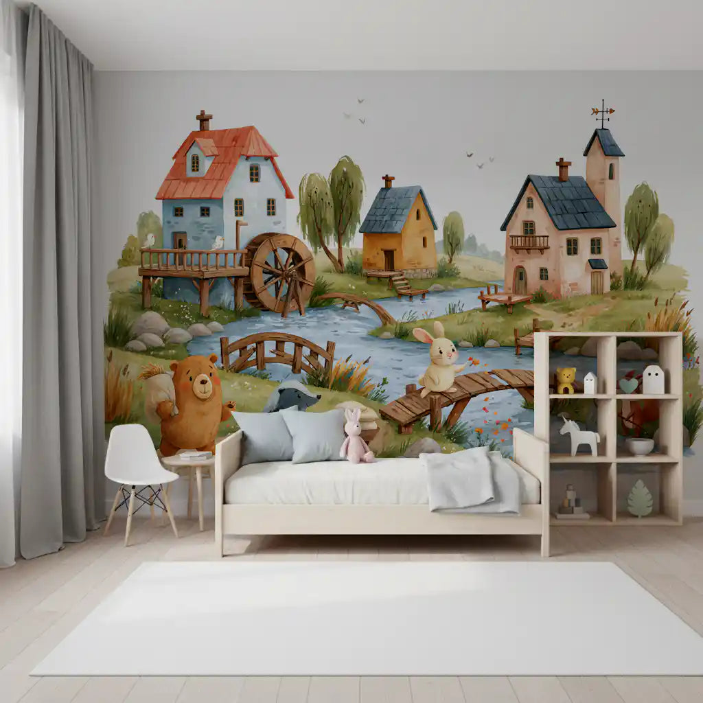Rustic Woodland Village Friends Wall Mural