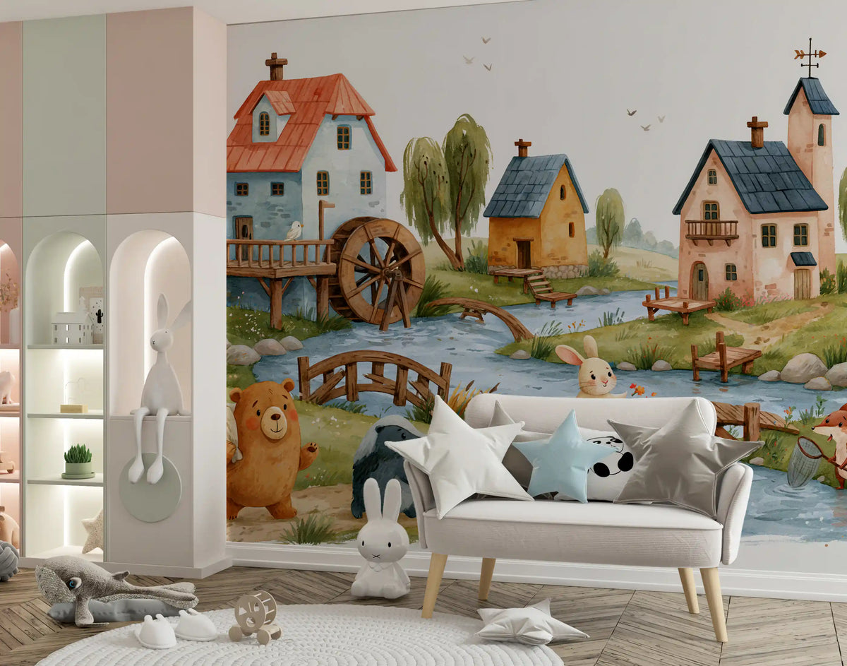 Rustic Woodland Village Friends Wall Mural