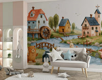 Rustic Woodland Village Friends Wall Mural