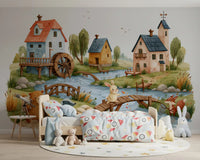 Rustic Woodland Village Friends Wall Mural