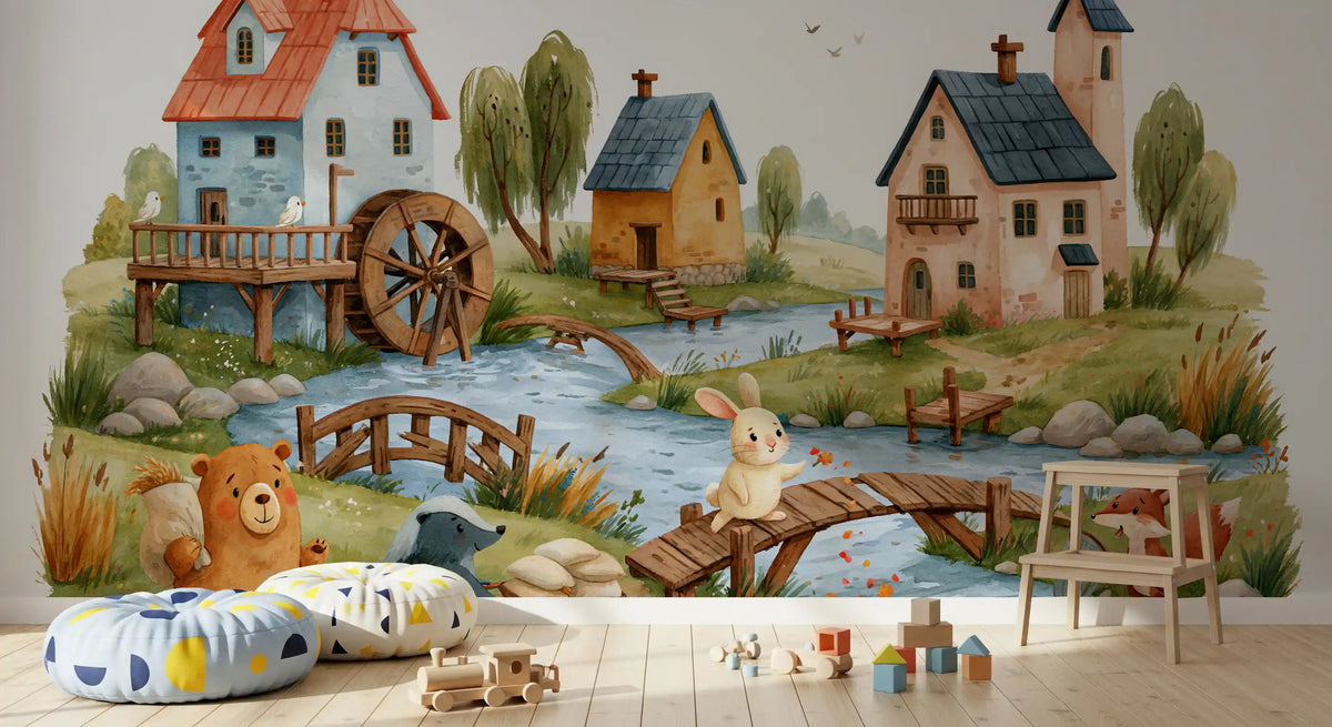 Rustic Woodland Village Friends Wall Mural