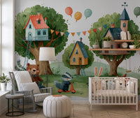 Woodland Friends Treehouse Village Wall Mural
