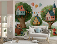 Woodland Friends Treehouse Village Wall Mural