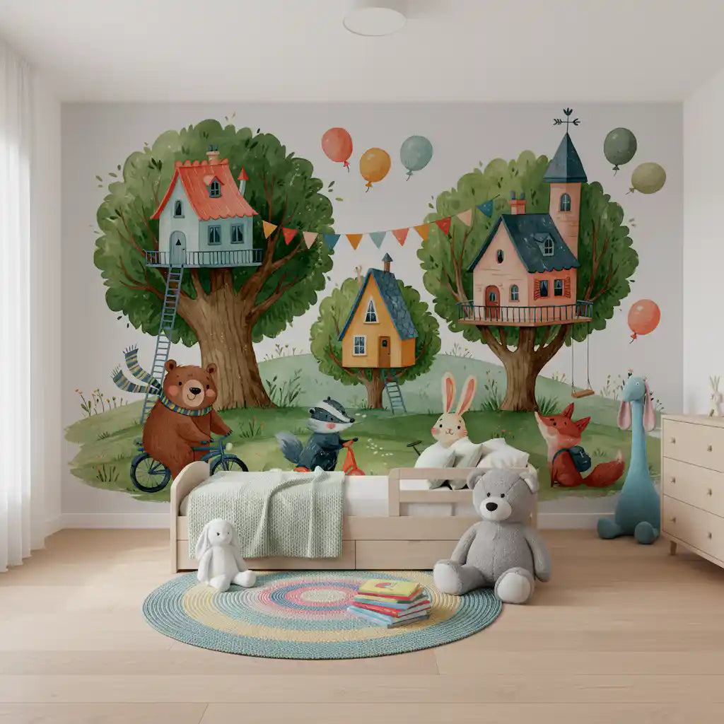 Woodland Friends Treehouse Village Wall Mural