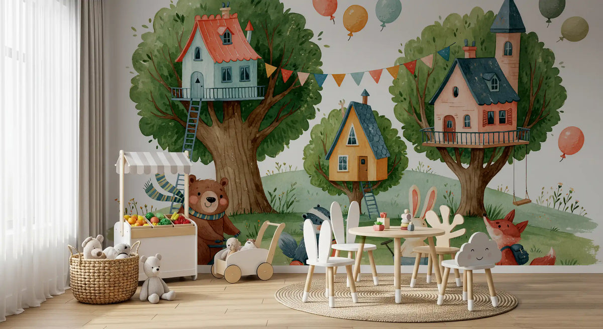 Woodland Friends Treehouse Village Wall Mural