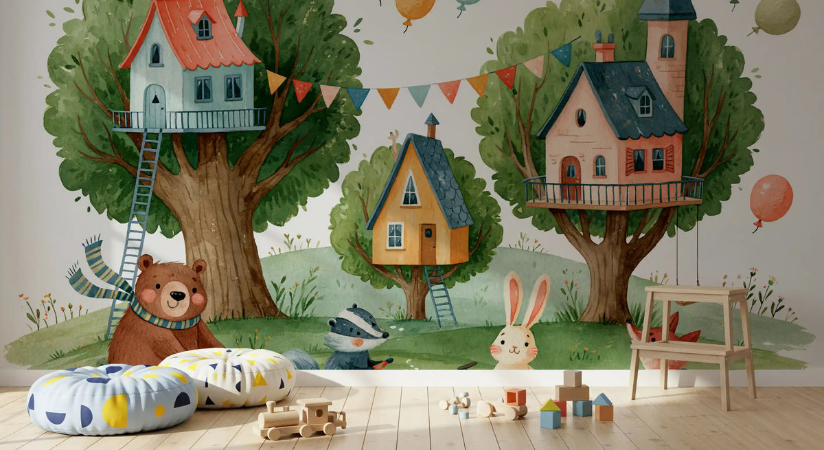 Woodland Friends Treehouse Village Wall Mural