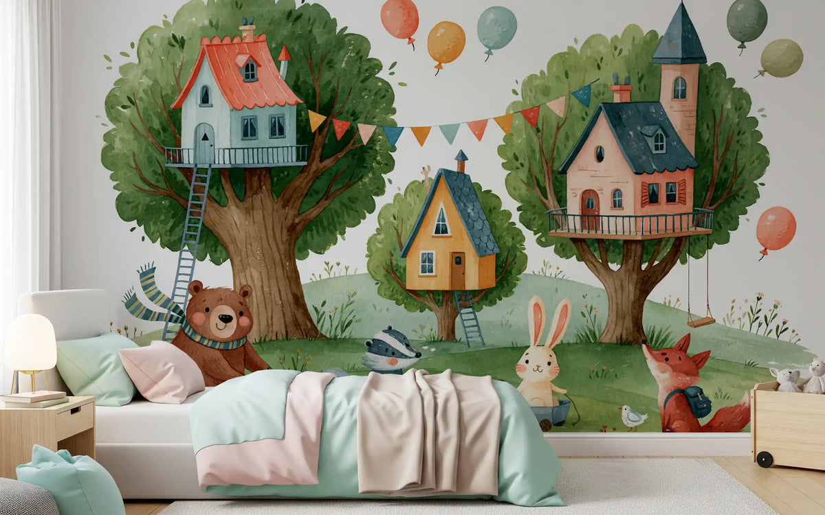 Woodland Friends Treehouse Village Wall Mural