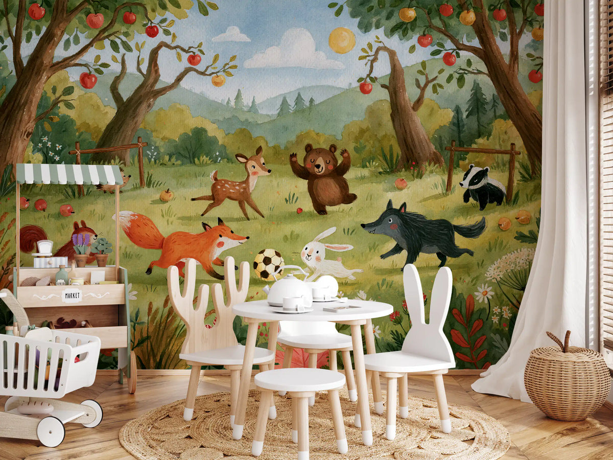 Woodland Meadow Animal Soccer Gathering Wall Mural