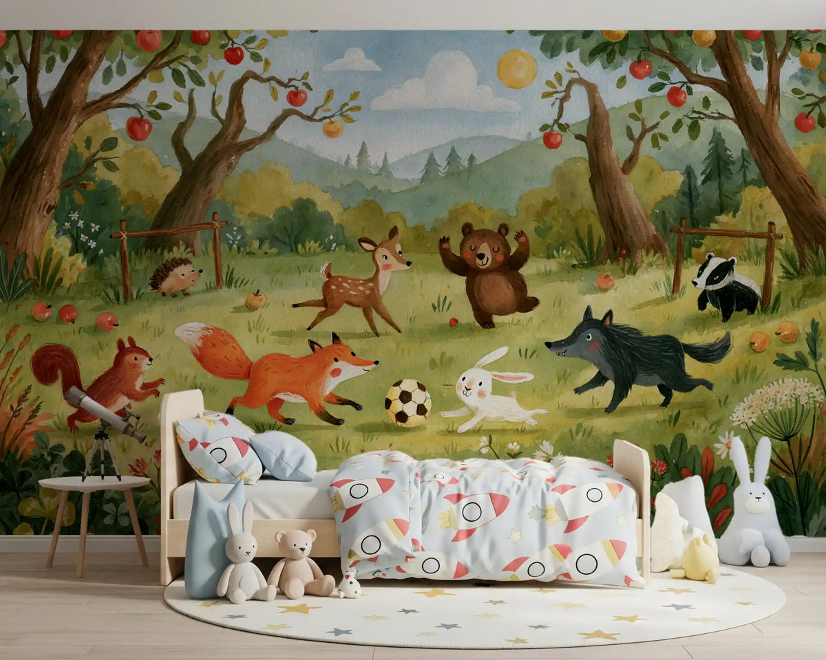 Woodland Meadow Animal Soccer Gathering Wall Mural