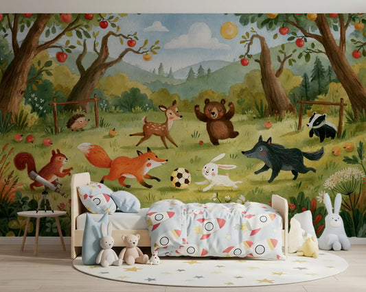 Woodland Meadow Animal Soccer Gathering Wall Mural