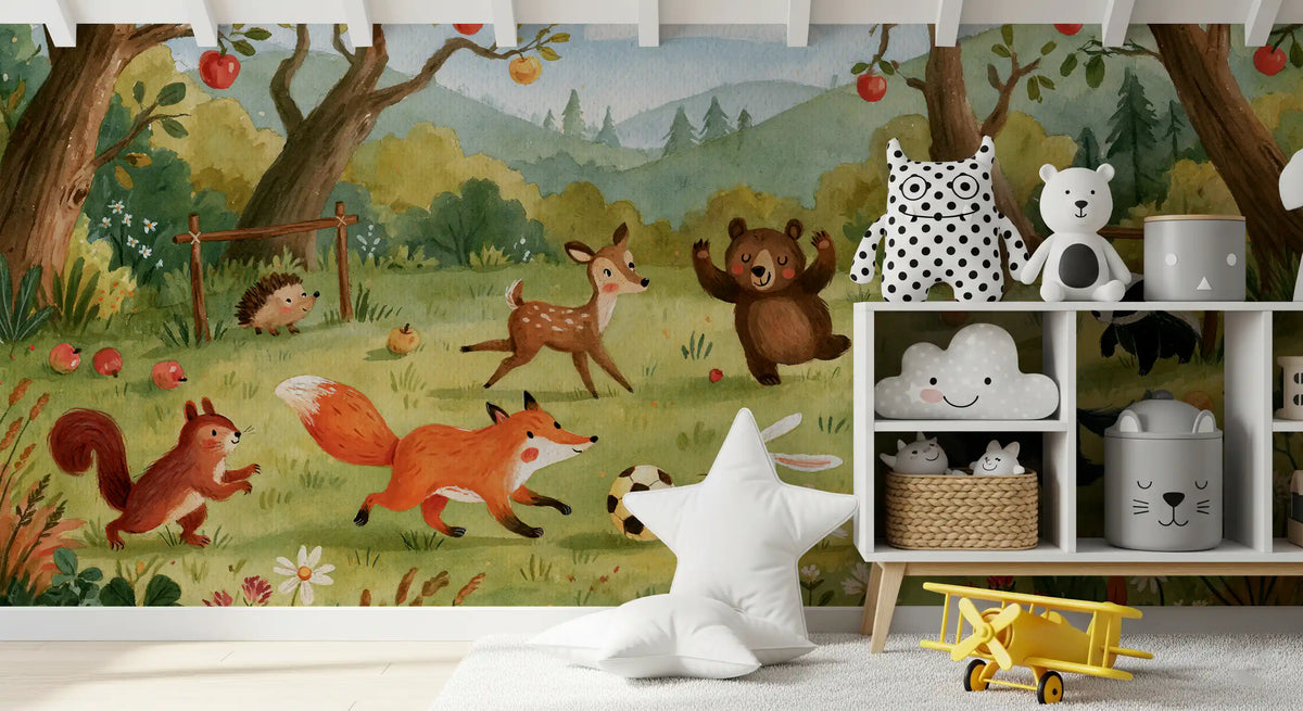 Woodland Meadow Animal Soccer Gathering Wall Mural