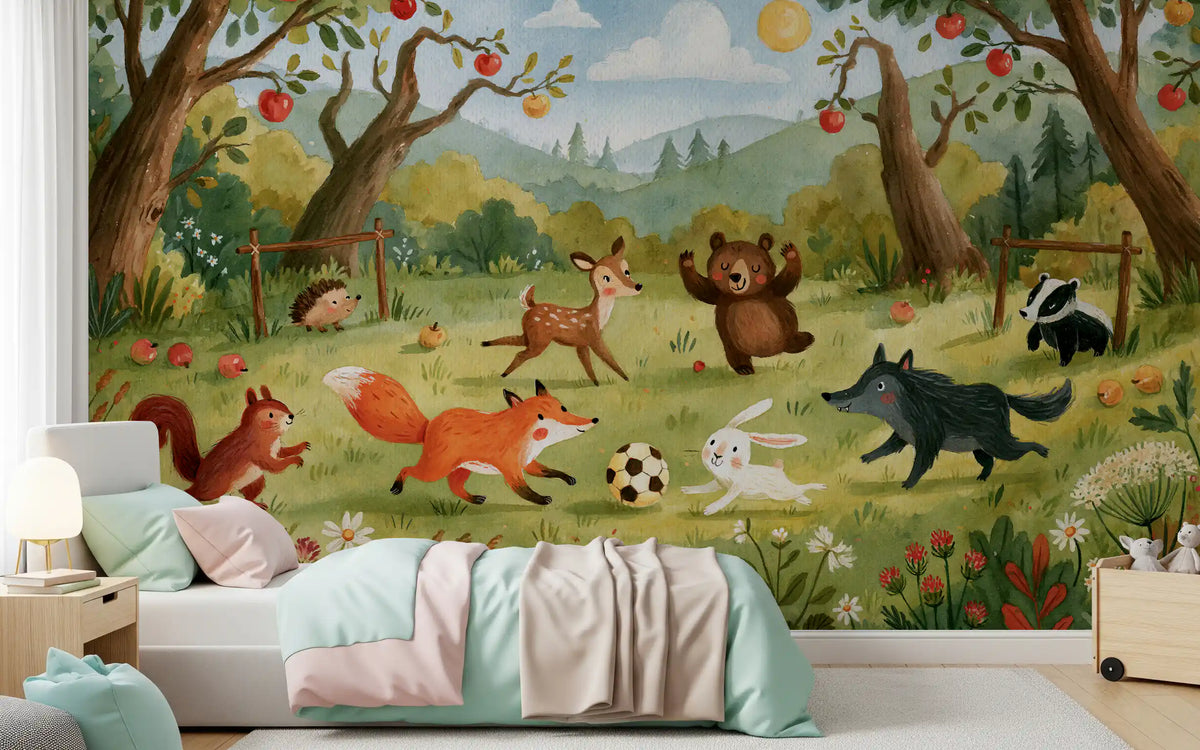 Woodland Meadow Animal Soccer Gathering Wall Mural