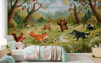 Woodland Meadow Animal Soccer Gathering Wall Mural