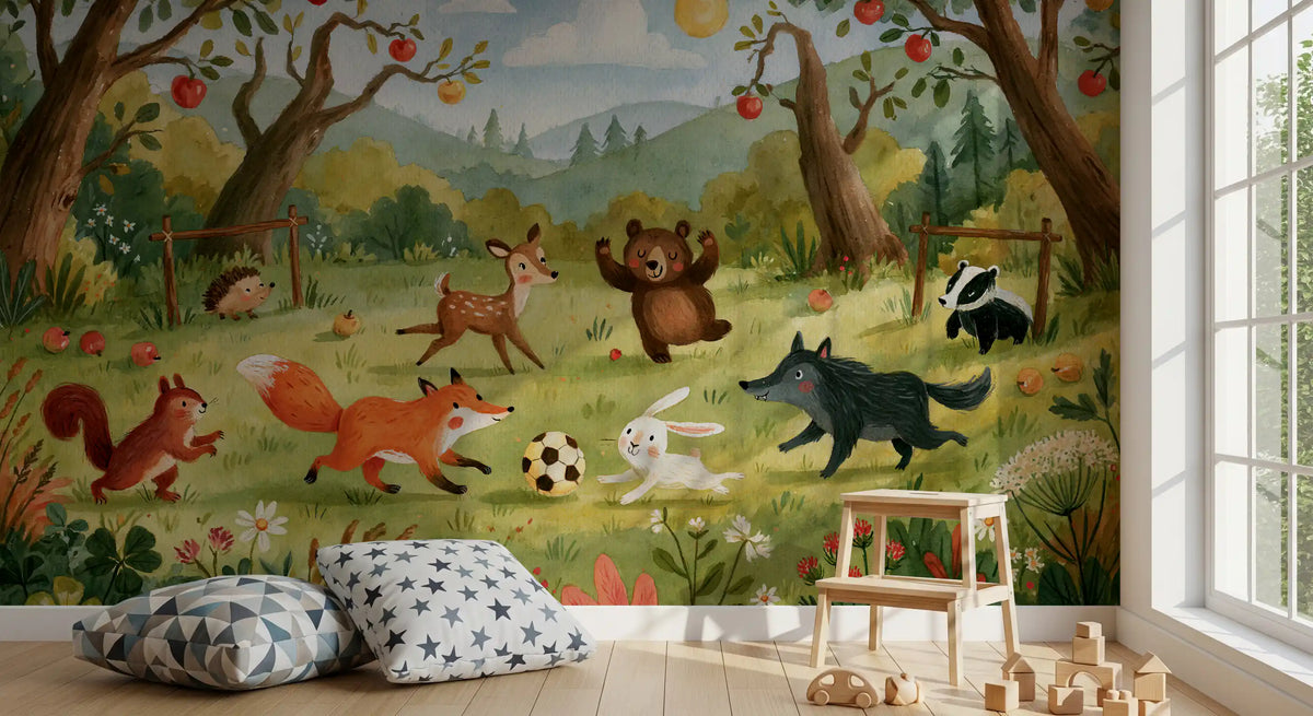 Woodland Meadow Animal Soccer Gathering Wall Mural