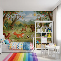 Woodland Meadow Animal Soccer Gathering Wall Mural