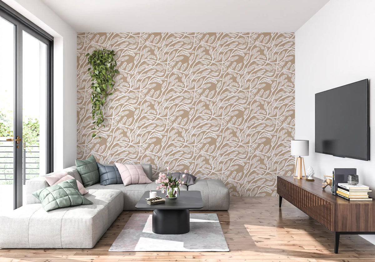 Abstract Foliage Line Art in White and Tan Wallpaper⁠