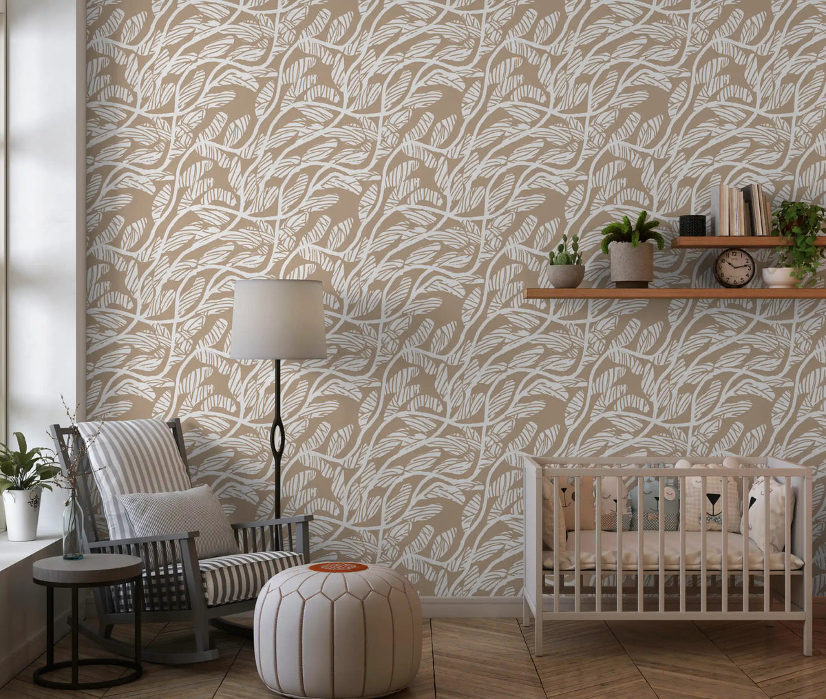 Abstract Foliage Line Art in White and Tan Wallpaper⁠