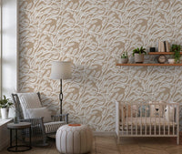 Abstract Foliage Line Art in White and Tan Wallpaper⁠