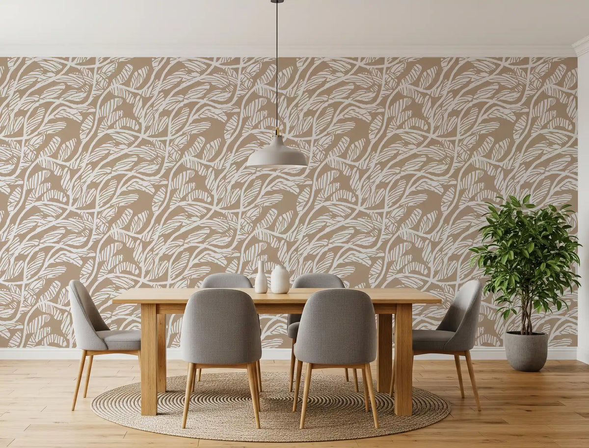 Abstract Foliage Line Art in White and Tan Wallpaper⁠
