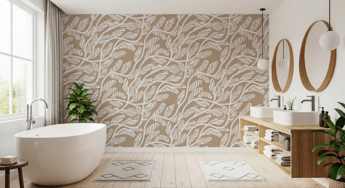 Abstract Foliage Line Art in White and Tan Wallpaper⁠