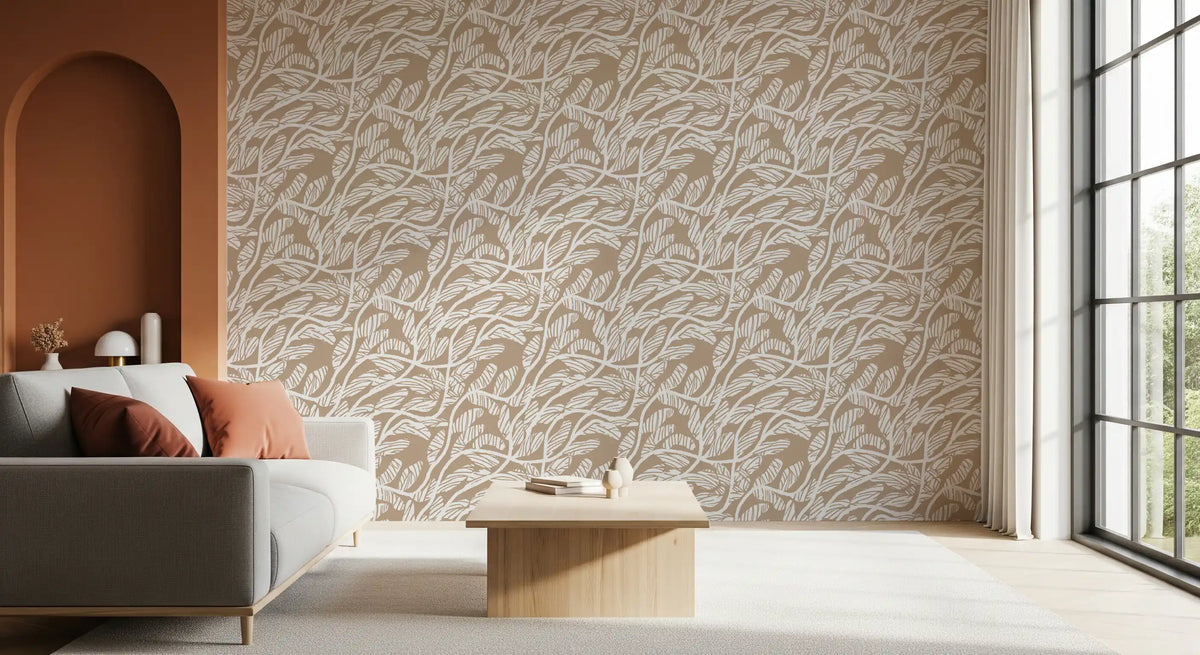 Abstract Foliage Line Art in White and Tan Wallpaper⁠