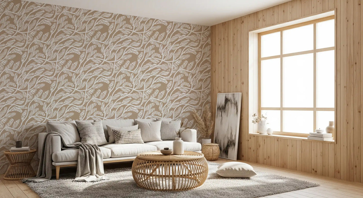 Abstract Foliage Line Art in White and Tan Wallpaper⁠