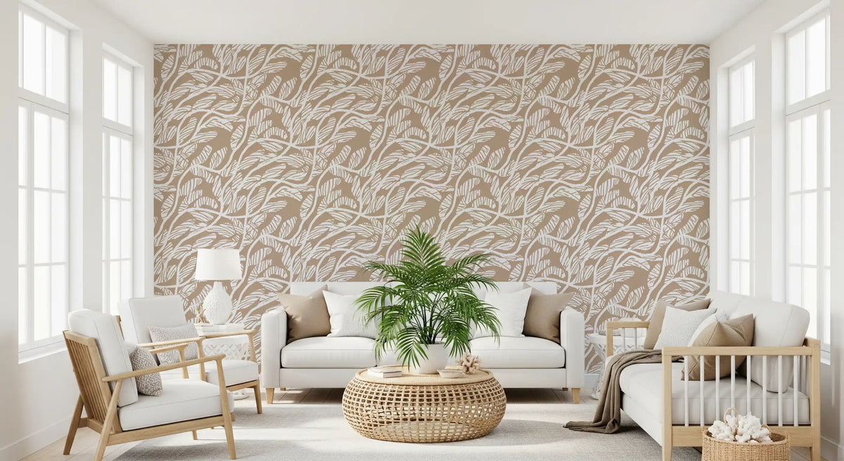 Abstract Foliage Line Art in White and Tan Wallpaper⁠