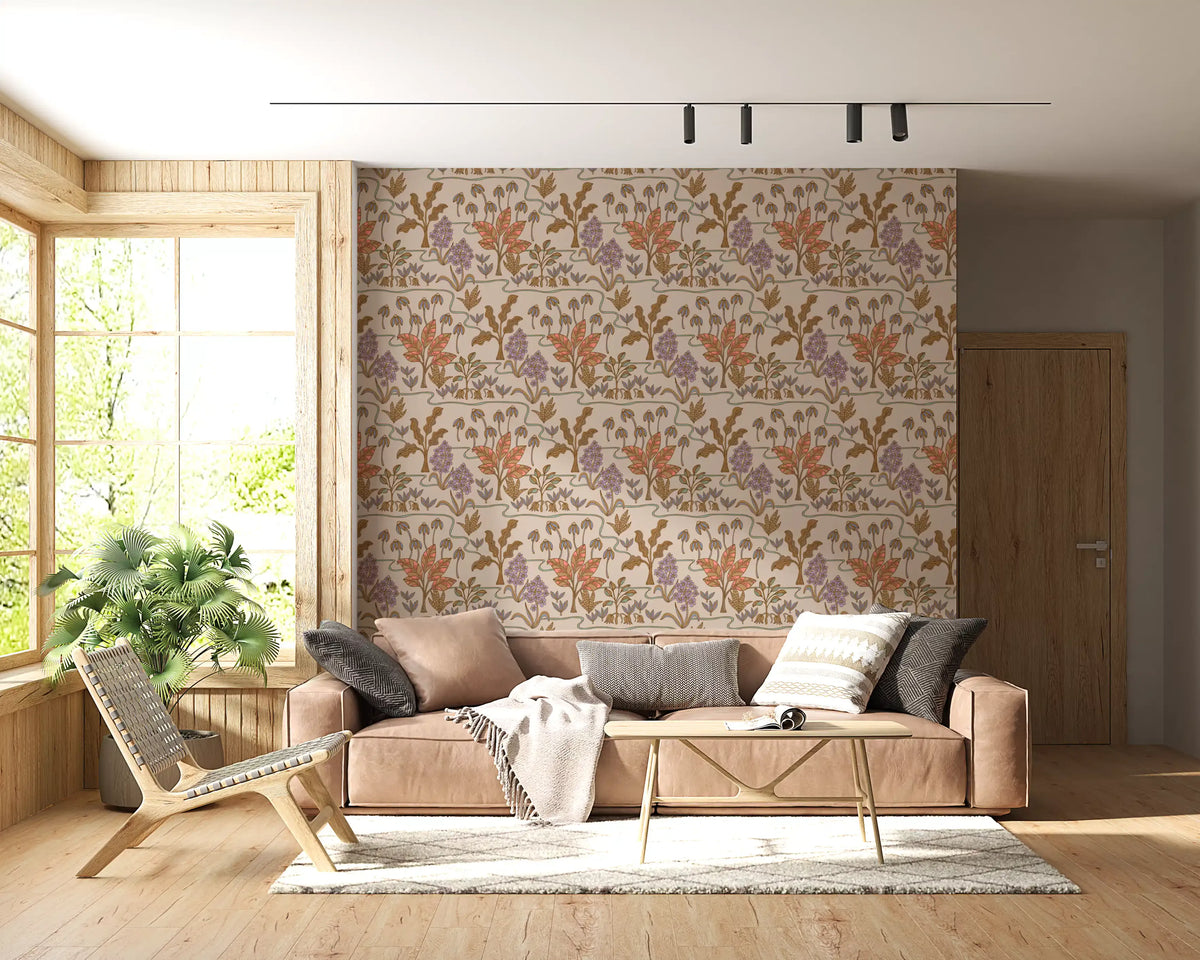 Tropical Garden Toile Charming Floral Botanical Warm Pastels Wallpaper⁠