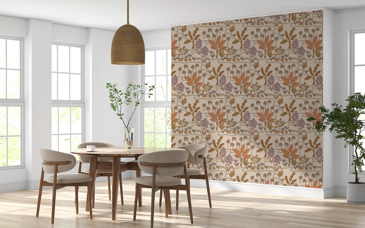 Tropical Garden Toile Charming Floral Botanical Warm Pastels Wallpaper⁠