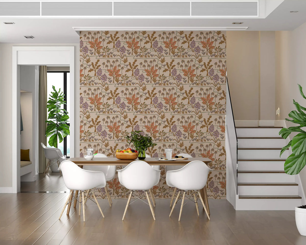 Tropical Garden Toile Charming Floral Botanical Warm Pastels Wallpaper⁠