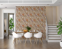 Tropical Garden Toile Charming Floral Botanical Warm Pastels Wallpaper⁠