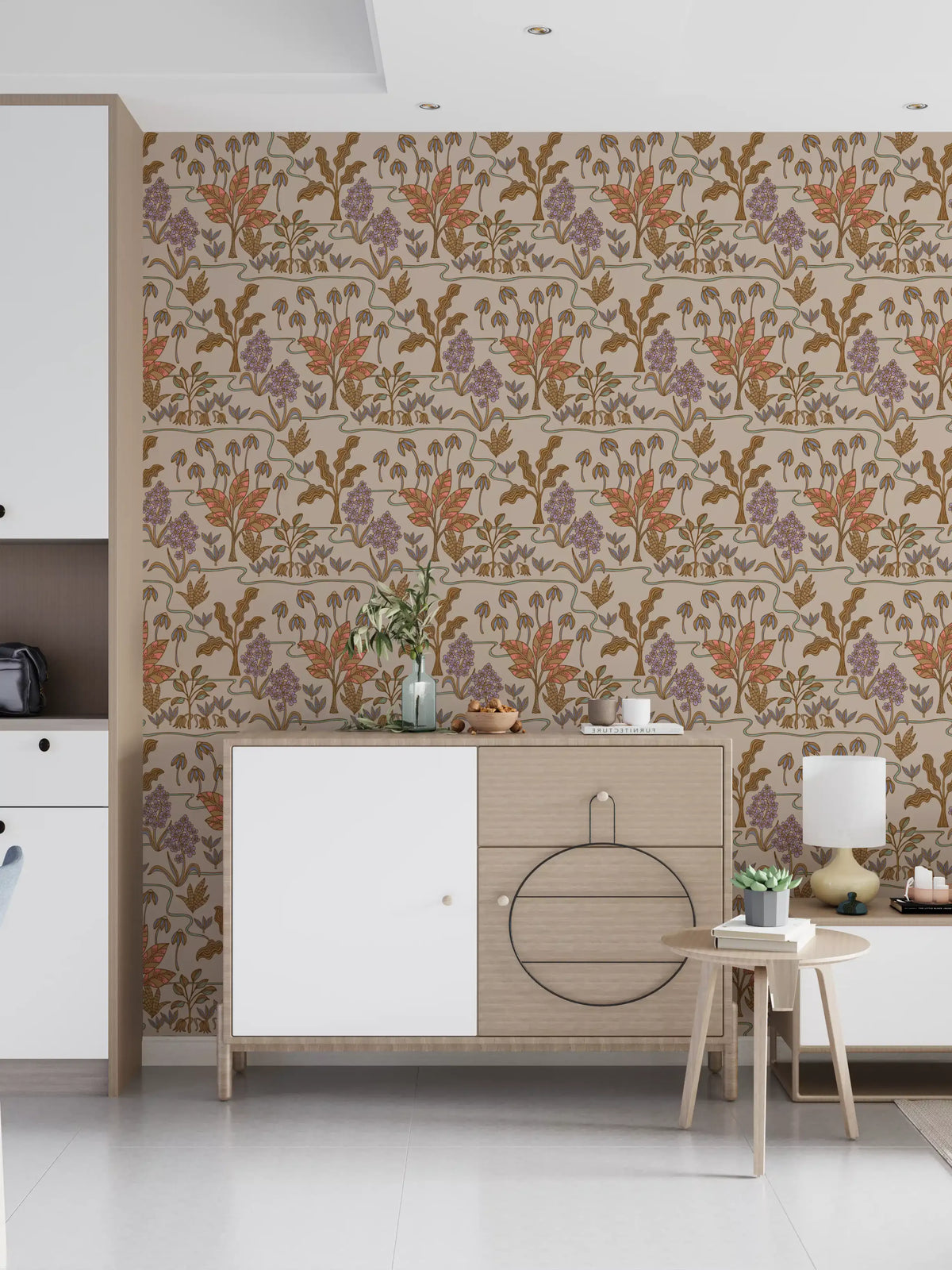 Tropical Garden Toile Charming Floral Botanical Warm Pastels Wallpaper⁠