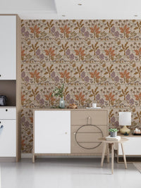 Tropical Garden Toile Charming Floral Botanical Warm Pastels Wallpaper⁠