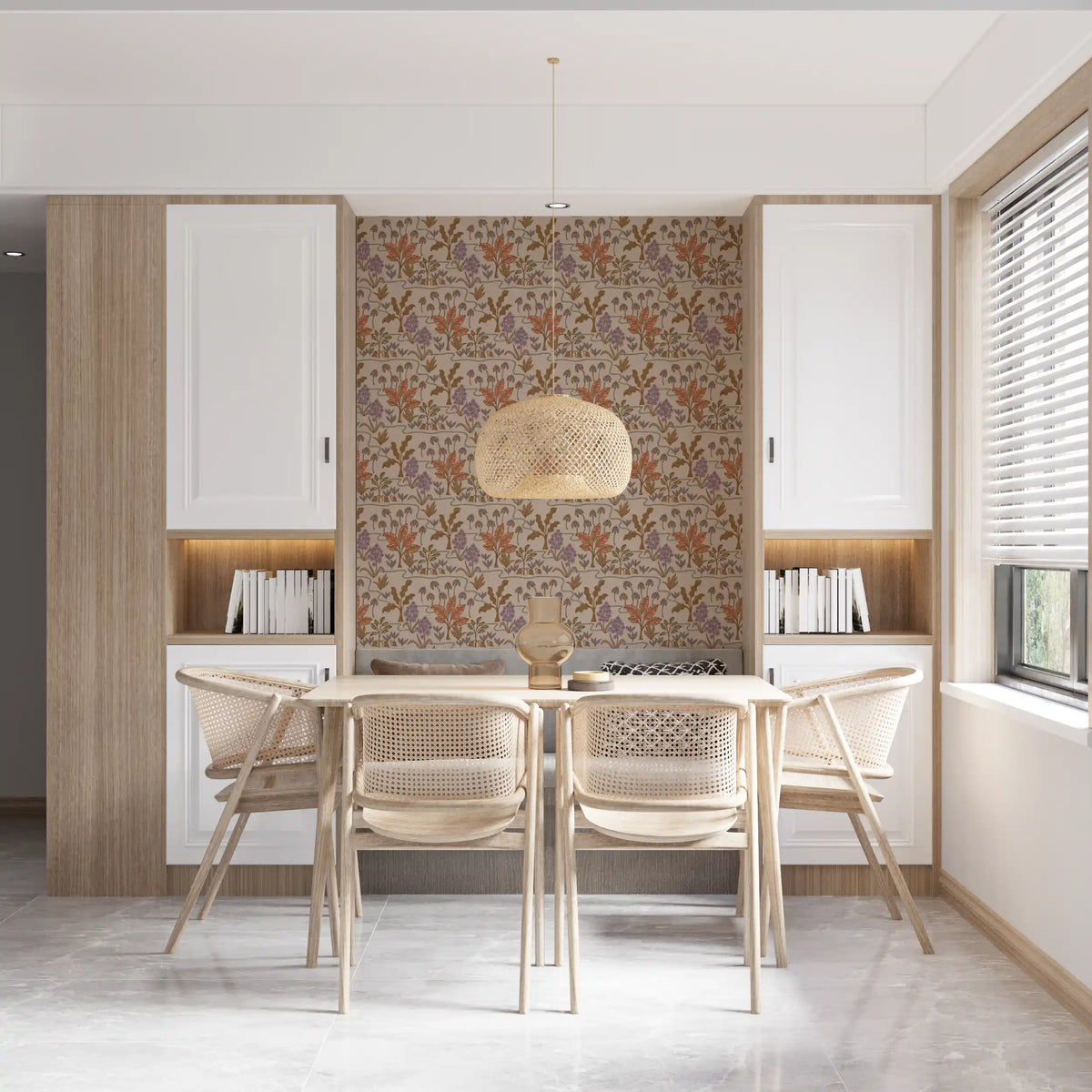 Tropical Garden Toile Charming Floral Botanical Warm Pastels Wallpaper⁠