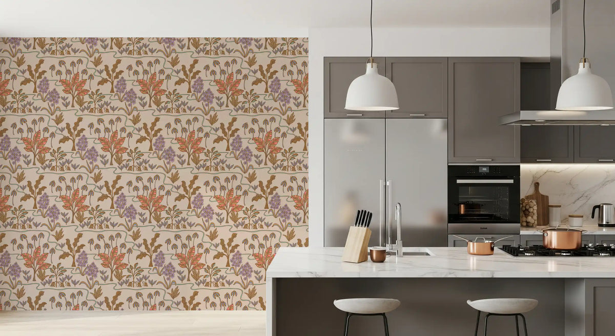 Tropical Garden Toile Charming Floral Botanical Warm Pastels Wallpaper⁠