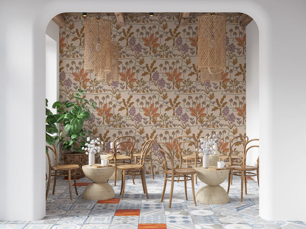 Tropical Garden Toile Charming Floral Botanical Warm Pastels Wallpaper⁠