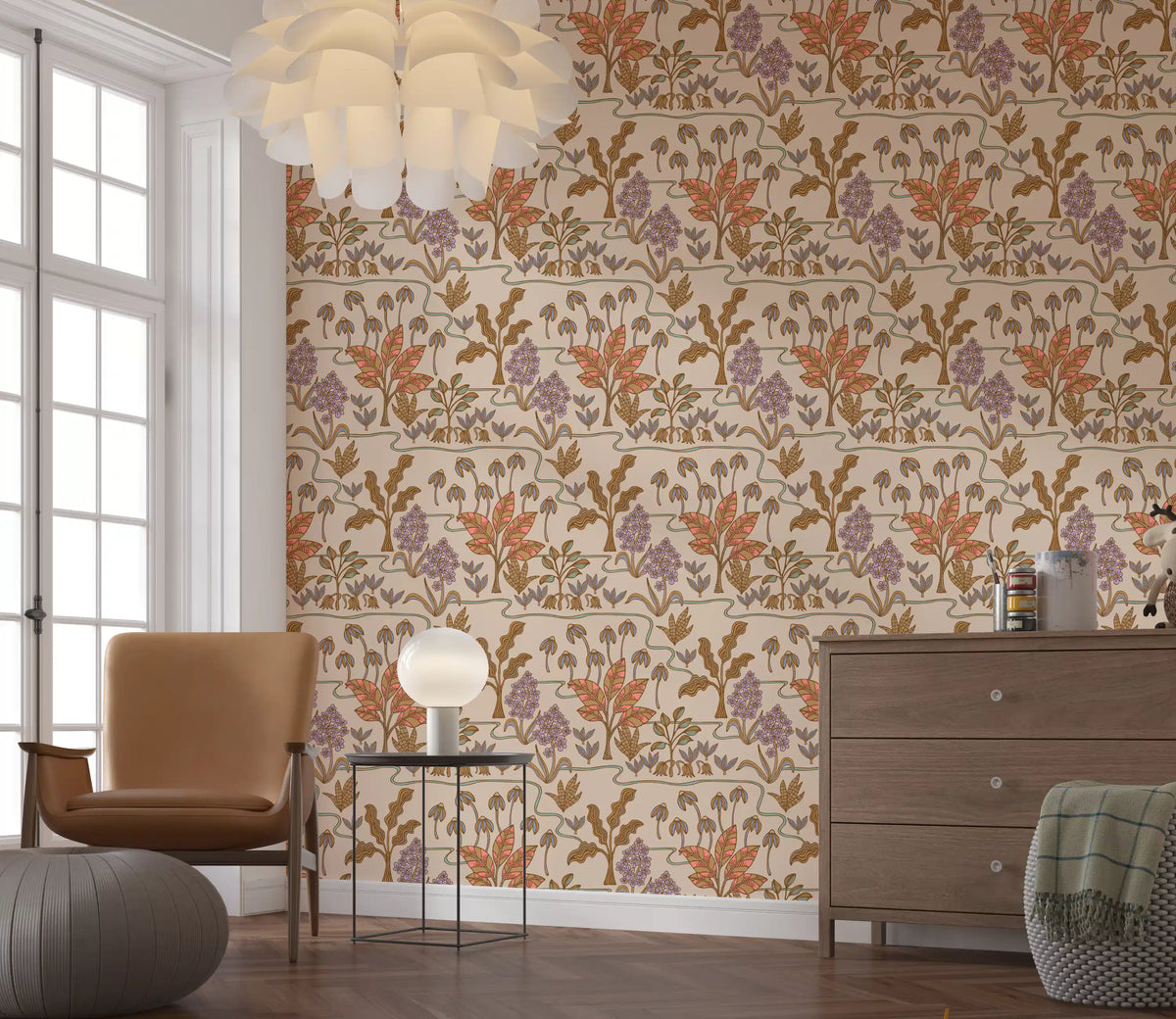 Tropical Garden Toile Charming Floral Botanical Warm Pastels Wallpaper⁠