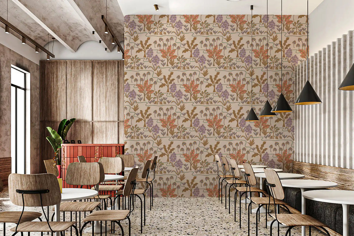 Tropical Garden Toile Charming Floral Botanical Warm Pastels Wallpaper⁠