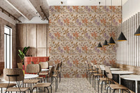 Tropical Garden Toile Charming Floral Botanical Warm Pastels Wallpaper⁠