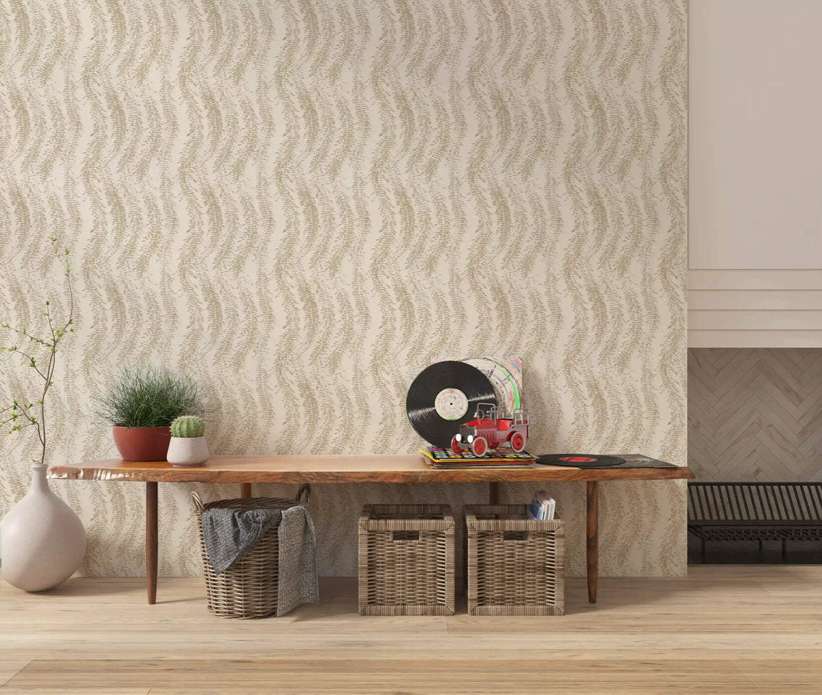Beige Woven Leaf Trails Wallpaper⁠