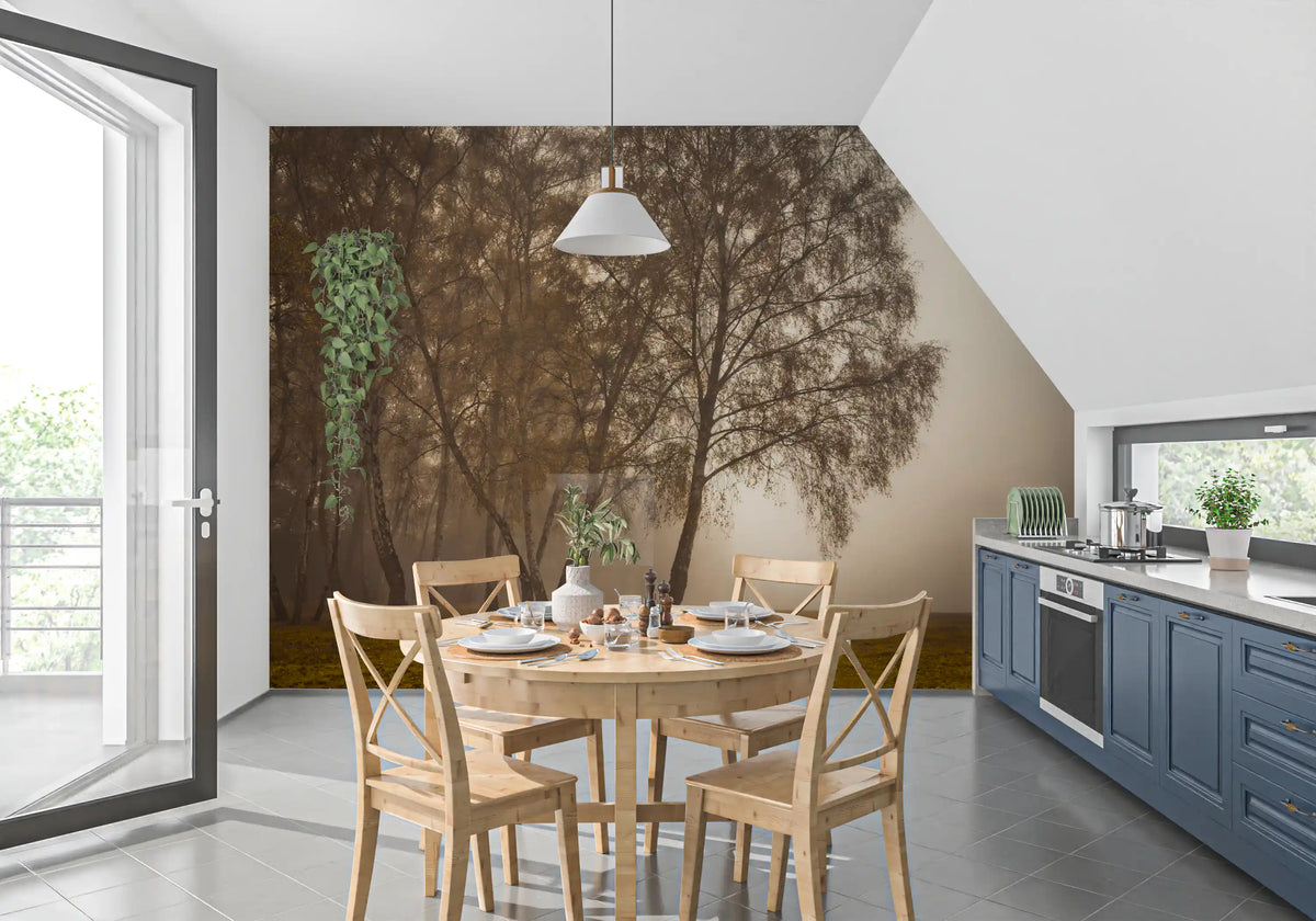 Golden Morning Mist Forest Wall Mural