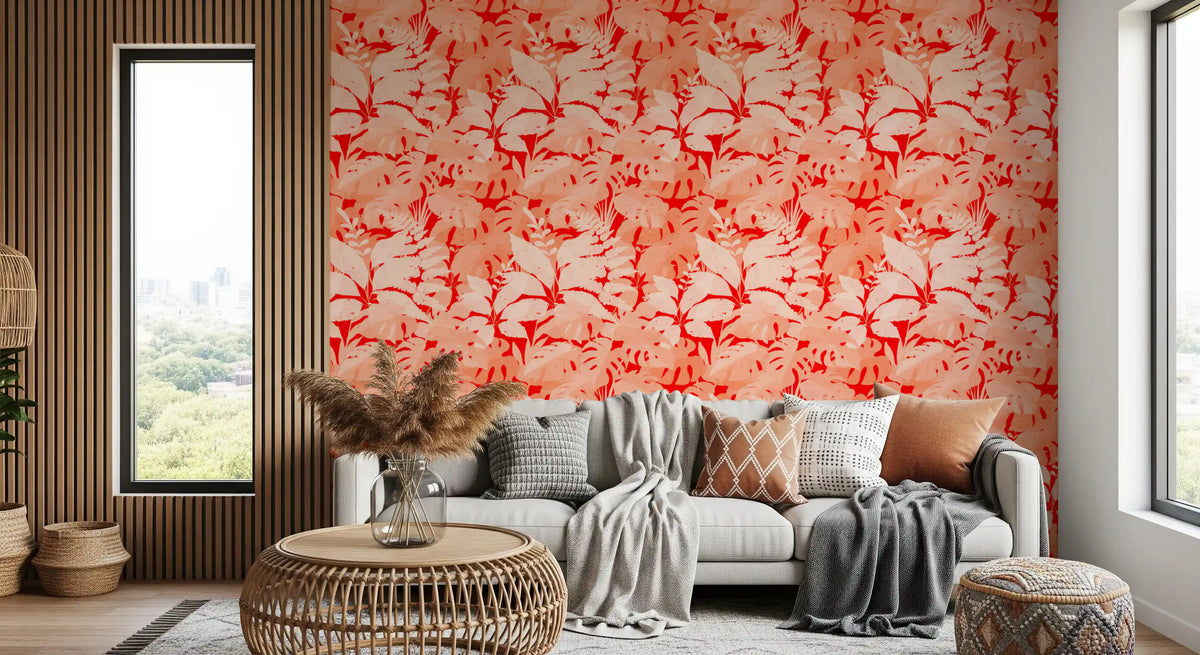 Fiery Coral Tropical Foliage Wallpaper⁠