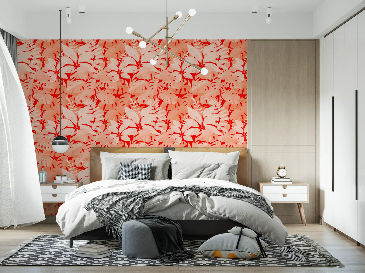 Fiery Coral Tropical Foliage Wallpaper⁠